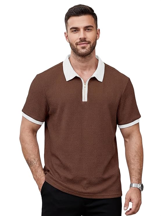 kajaru men's waffle knit polo t shirt, short sleeve, zip collar with white trim (polo 8034)